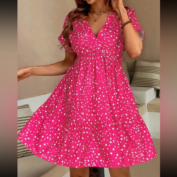 Polka Dot Print Ruffle Hem Mini Dress Hot Pink - Picture 3 of 5
